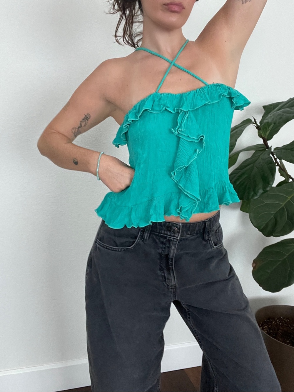 Ruffled Crisscross Halter Tank Top - Teal